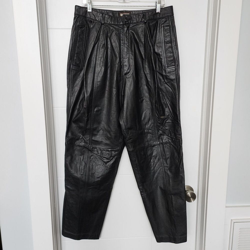 Toffs 100% Leather Womens Pants 80s High Waist Vertical Pockets Lined  Size‎ 34